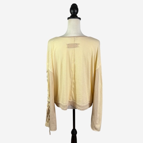 Buckle POL Pieced Top Size M Lace-Up Bell Sleeves Cream Beige Raw Edge Boho - Picture 8 of 13